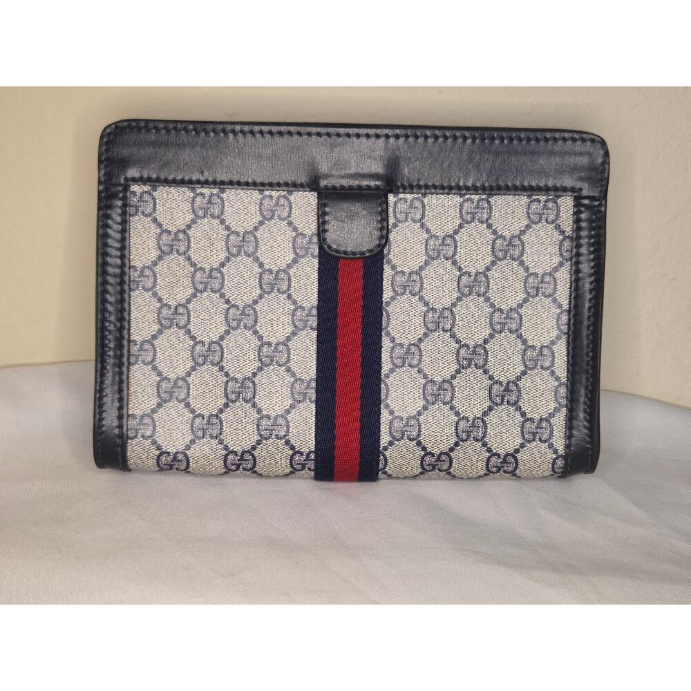 Gucci GG Supreme Web Clutch Pouch Bag Blue Navy Made in Italy Web Stripe Vintage - Picture 2 of 12